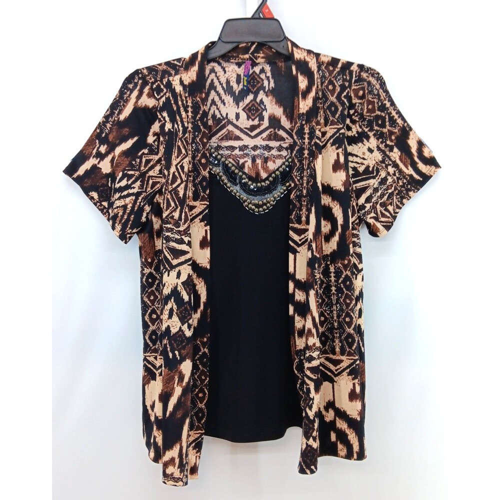 Judith Blouse Womens Plus Size 1X Brown Black Tribal Beaded 2 in 1 Layered Top